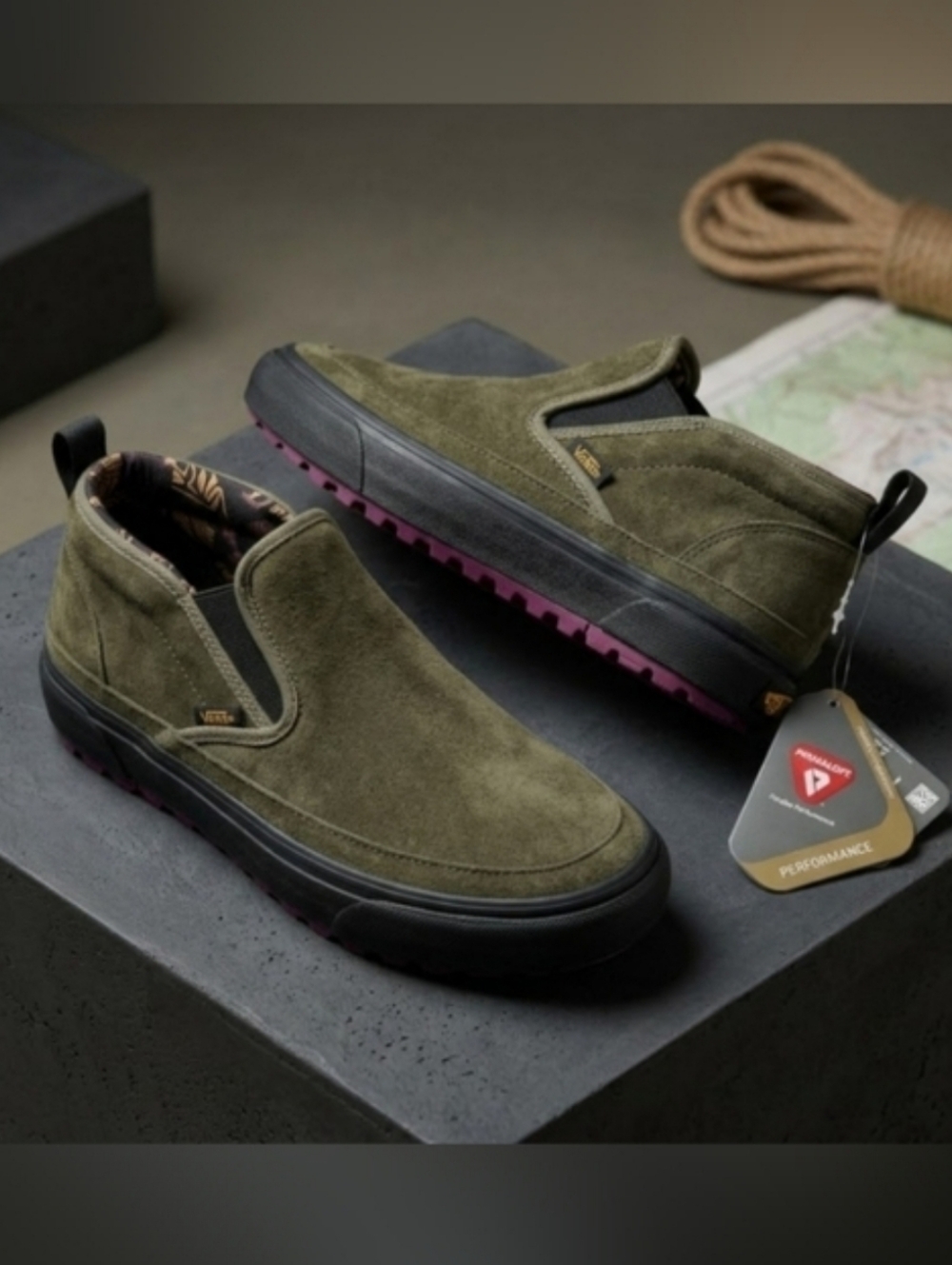 Vans Olive Green Suede Slip-On Ankle Boots with Black Midsole and Purple Outsole